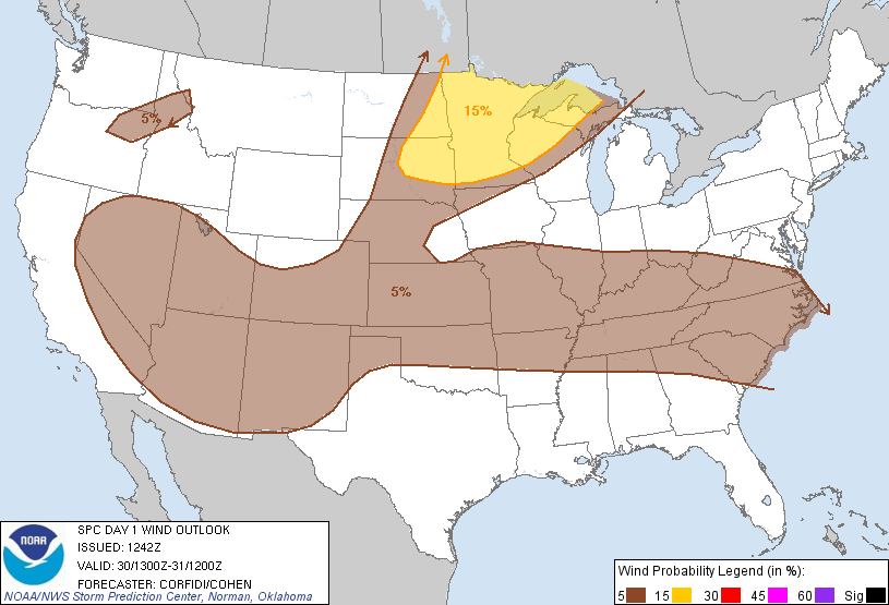 20110730 1300 UTC Day 1 Damaging Wind Probabilities Graphic