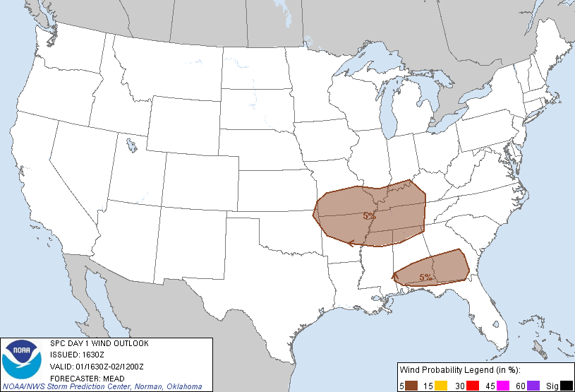 20120301 1630 UTC Day 1 Damaging Wind Probabilities Graphic