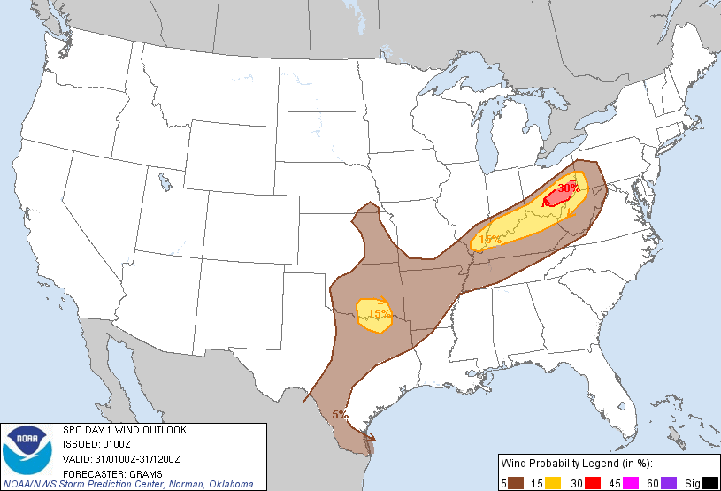 20120331 0100 UTC Day 1 Damaging Wind Probabilities Graphic