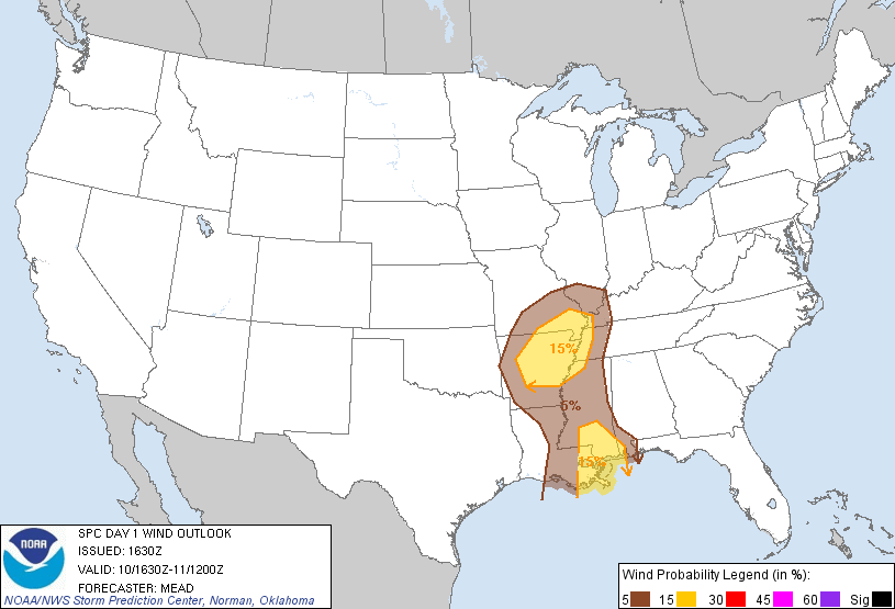 20130110 1630 UTC Day 1 Damaging Wind Probabilities Graphic