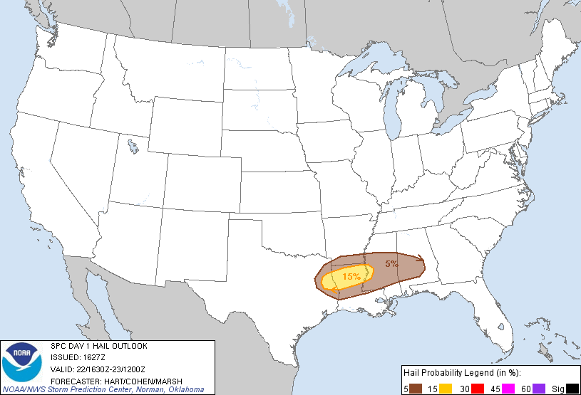 20130322 1630 UTC Day 1 Large Hail Probabilities Graphic