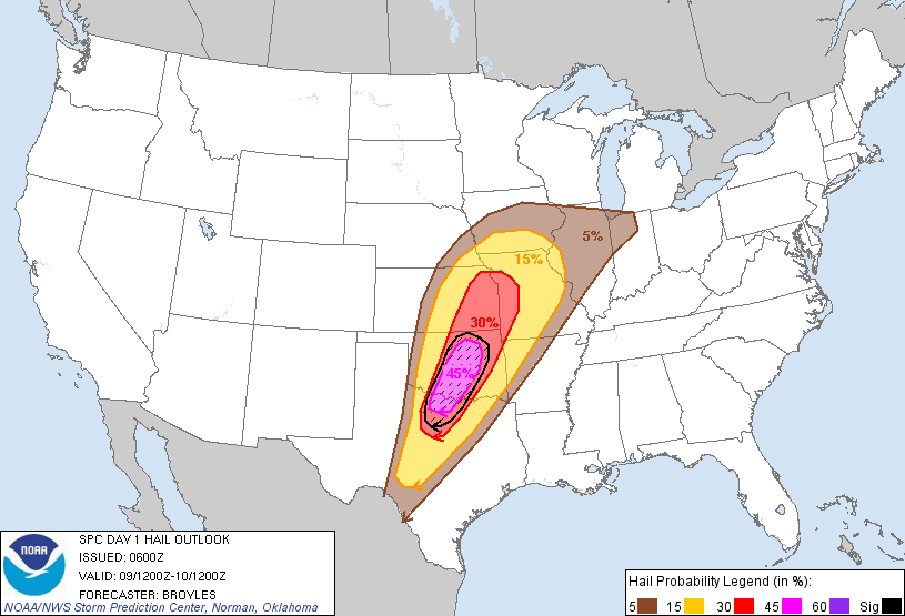 20130409 1200 UTC Day 1 Large Hail Probabilities Graphic