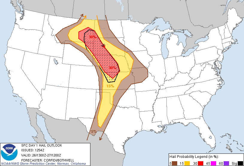 20130526 1300 UTC Day 1 Large Hail Probabilities Graphic