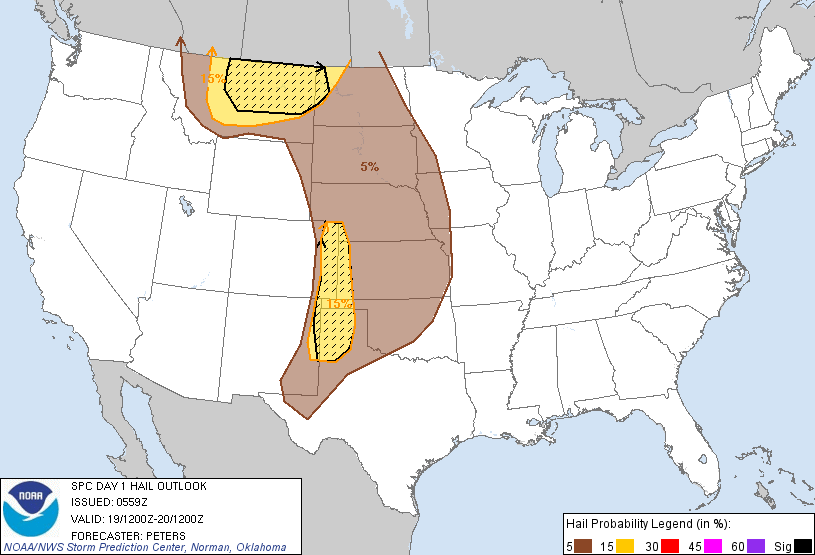 20130619 1200 UTC Day 1 Large Hail Probabilities Graphic