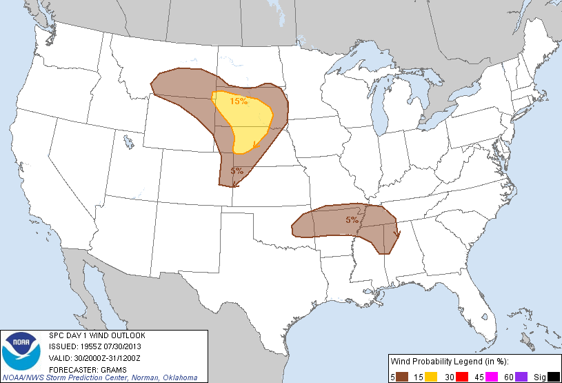 20130730 2000 UTC Day 1 Damaging Wind Probabilities Graphic