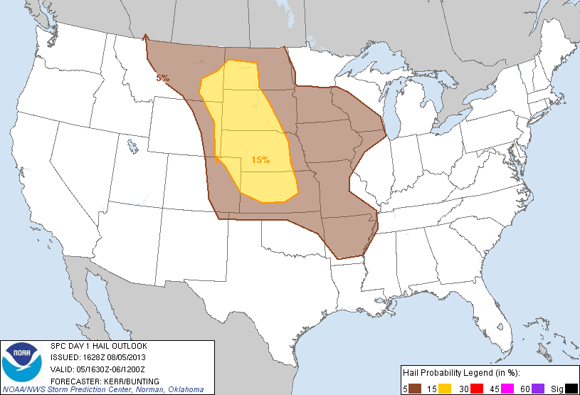 20130805 1630 UTC Day 1 Large Hail Probabilities Graphic