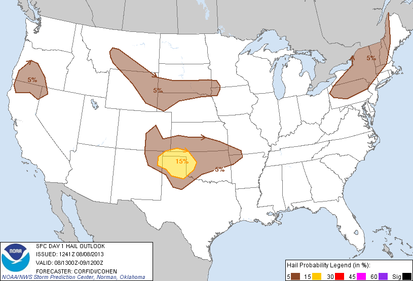 20130808 1300 UTC Day 1 Large Hail Probabilities Graphic