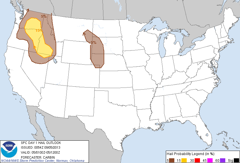 20130905 0100 UTC Day 1 Large Hail Probabilities Graphic