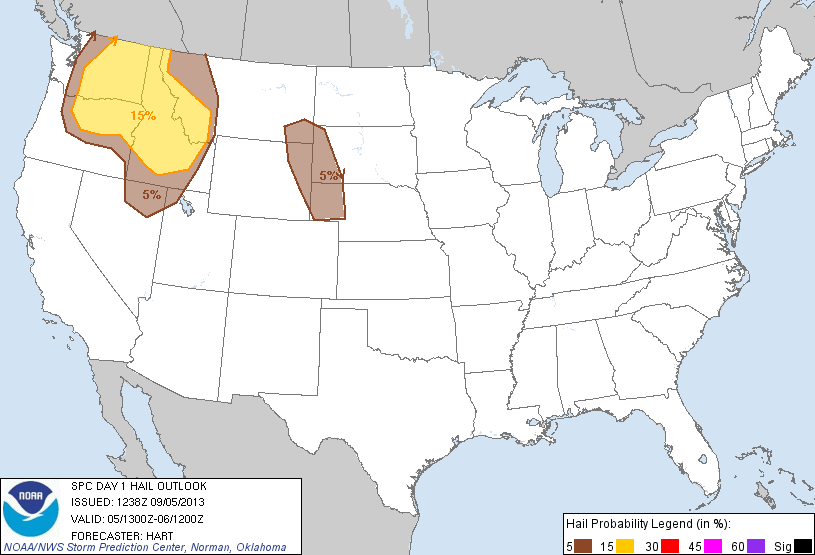 20130905 1300 UTC Day 1 Large Hail Probabilities Graphic