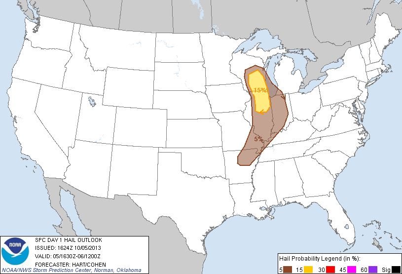 20131005 1630 UTC Day 1 Large Hail Probabilities Graphic