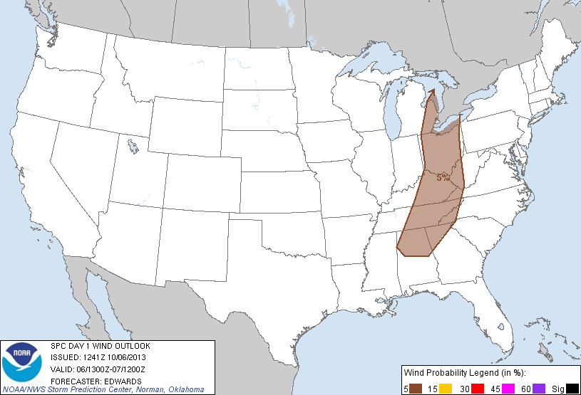 20131006 1300 UTC Day 1 Damaging Wind Probabilities Graphic