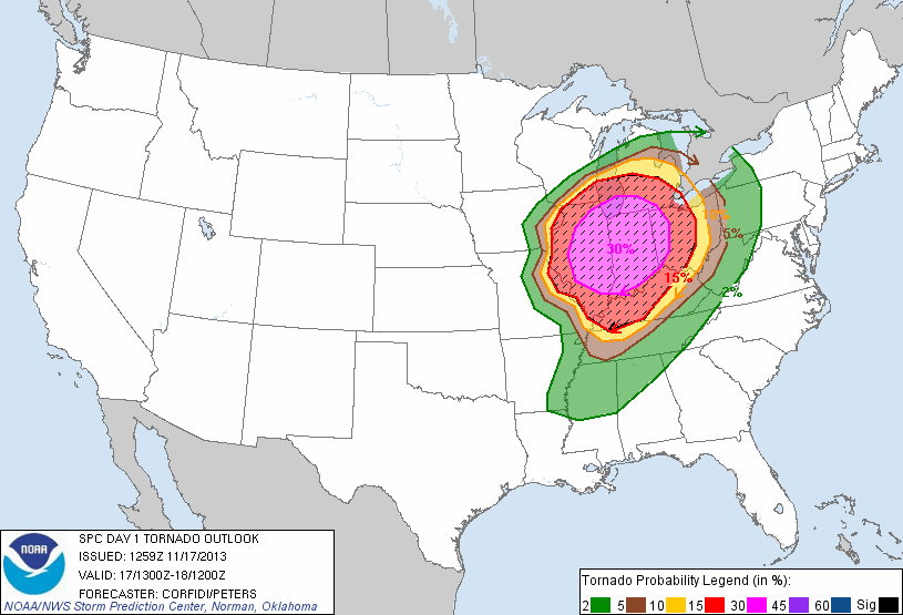 20131117 1300 UTC Day 1 Tornado Probabilities Graphic