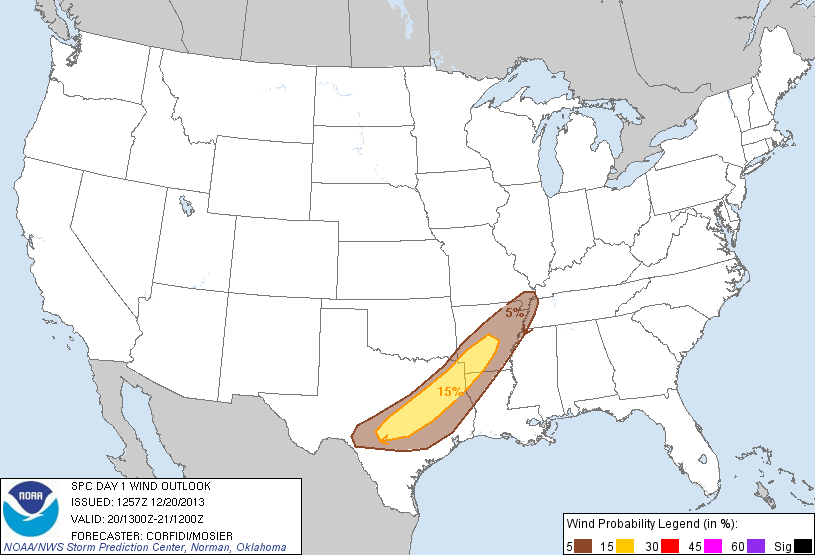 20131220 1300 UTC Day 1 Damaging Wind Probabilities Graphic