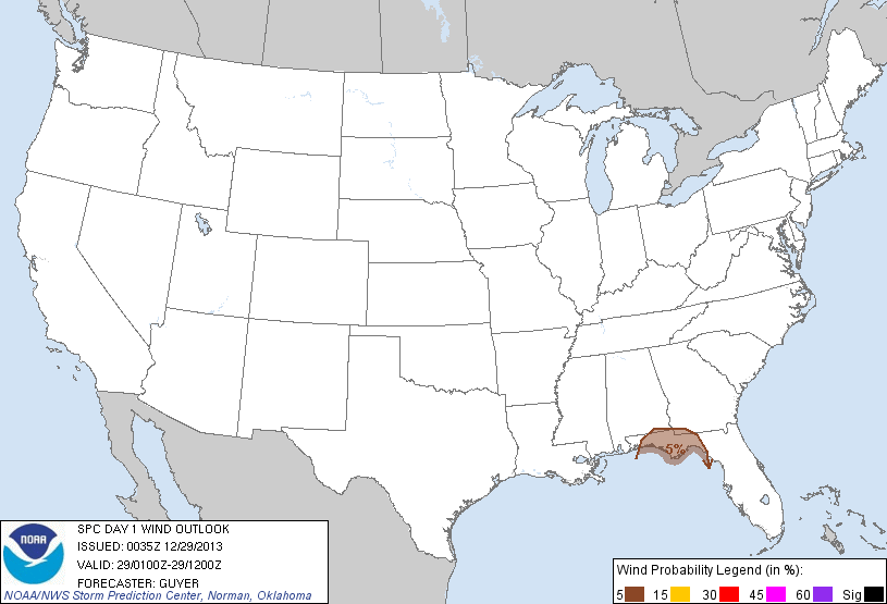 20131229 0100 UTC Day 1 Damaging Wind Probabilities Graphic