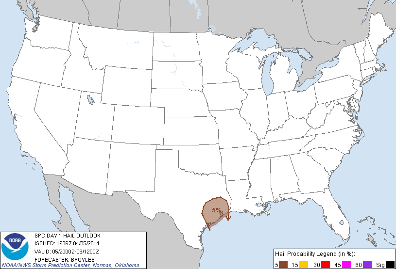 20140405 2000 UTC Day 1 Large Hail Probabilities Graphic