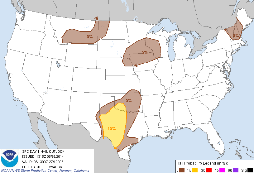 20140526 1300 UTC Day 1 Large Hail Probabilities Graphic