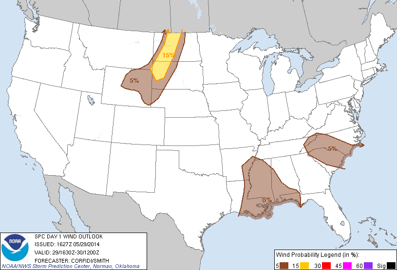 20140529 1630 UTC Day 1 Damaging Wind Probabilities Graphic