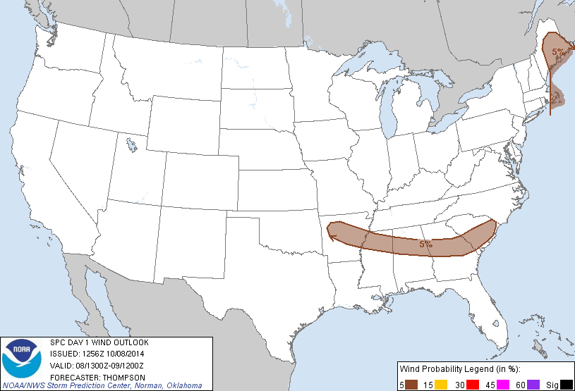 20141008 1300 UTC Day 1 Damaging Wind Probabilities Graphic