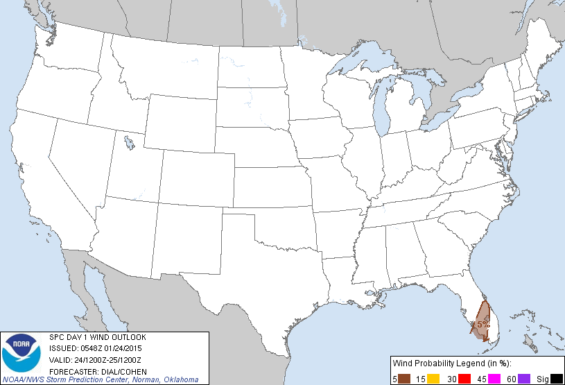 20150124 1200 UTC Day 1 Damaging Wind Probabilities Graphic