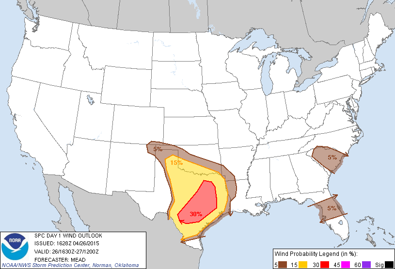 20150426 1630 UTC Day 1 Damaging Wind Probabilities Graphic