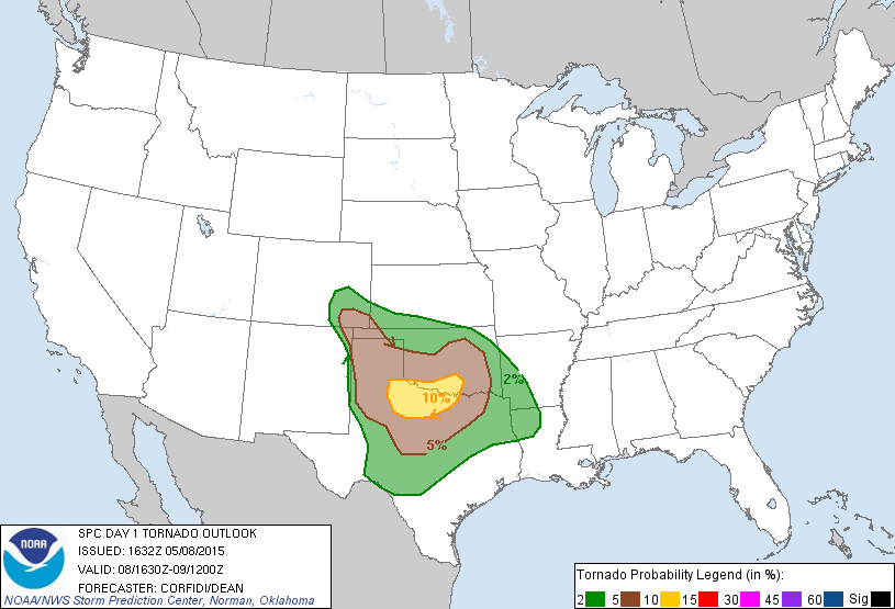 20150508 1630 UTC Day 1 Tornado Probabilities Graphic