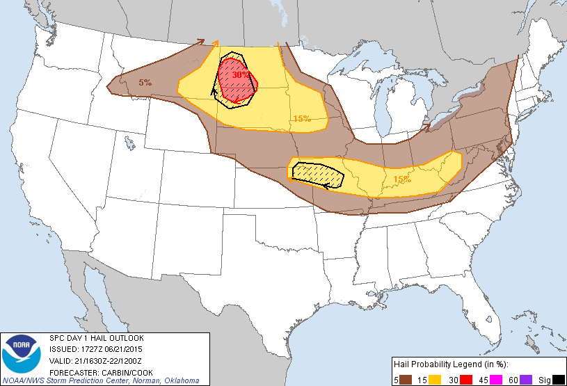 20150621 1630 UTC Day 1 Large Hail Probabilities Graphic