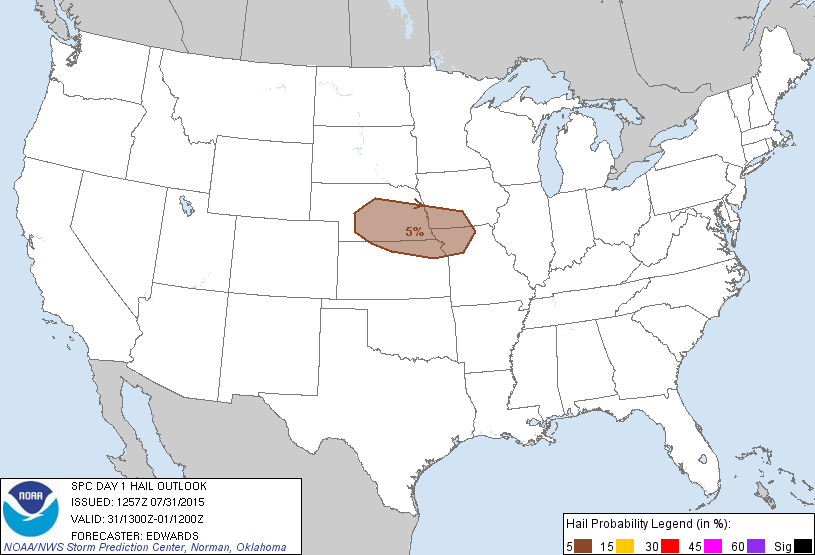 20150731 1300 UTC Day 1 Large Hail Probabilities Graphic