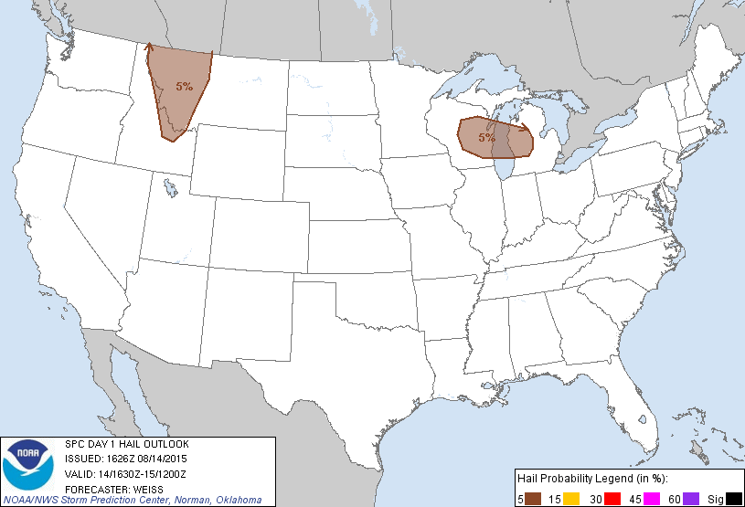 20150814 1630 UTC Day 1 Large Hail Probabilities Graphic