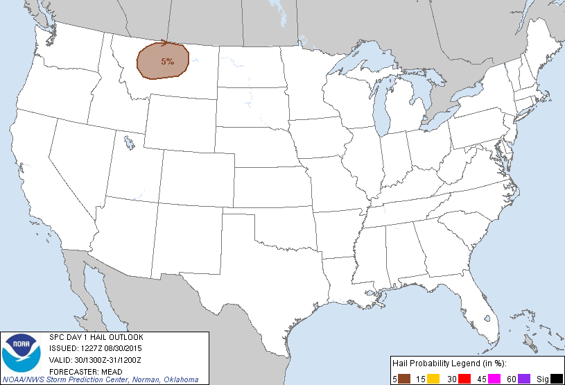 20150830 1300 UTC Day 1 Large Hail Probabilities Graphic