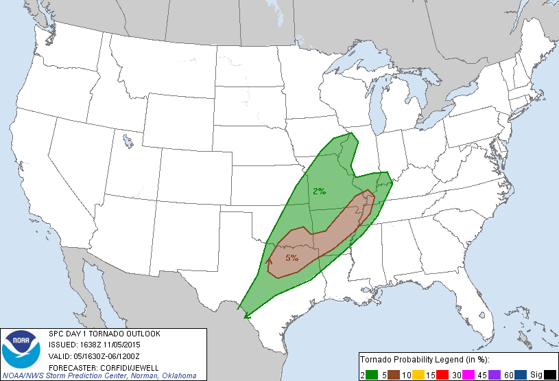 20151105 1630 UTC Day 1 Tornado Probabilities Graphic