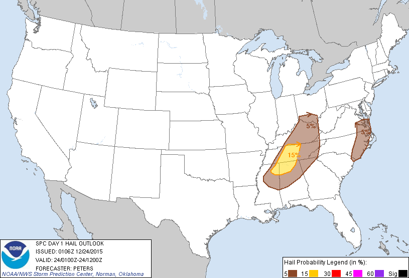 20151224 0100 UTC Day 1 Large Hail Probabilities Graphic