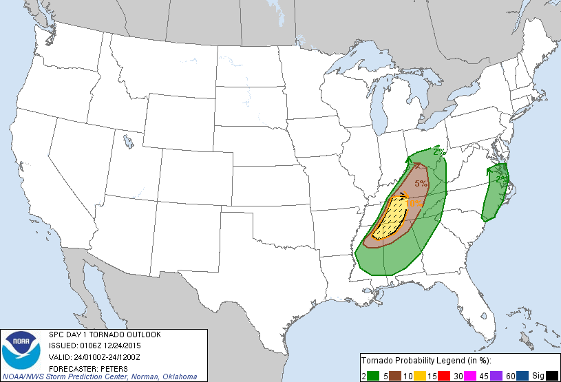20151224 0100 UTC Day 1 Tornado Probabilities Graphic
