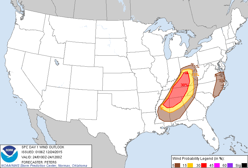 20151224 0100 UTC Day 1 Damaging Wind Probabilities Graphic