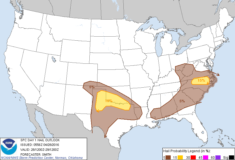 20160428 1200 UTC Day 1 Large Hail Probabilities Graphic