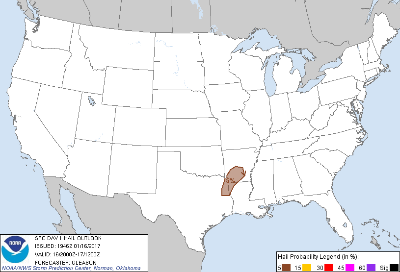 20170116 2000 UTC Day 1 Large Hail Probabilities Graphic