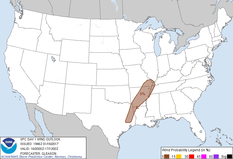 20170116 2000 UTC Day 1 Damaging Wind Probabilities Graphic