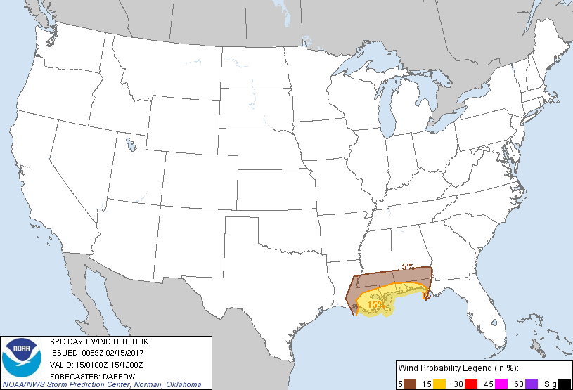 20170215 0100 UTC Day 1 Damaging Wind Probabilities Graphic