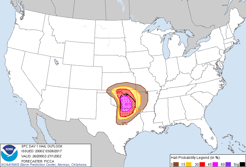 20170326 2000 UTC Day 1 Large Hail Probabilities Graphic