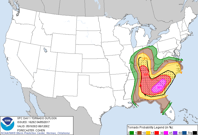 20170405 1630 UTC Day 1 Tornado Probabilities Graphic