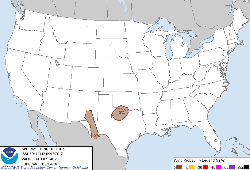 20170413 1300 UTC Day 1 Damaging Wind Probabilities Graphic