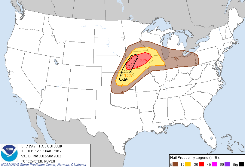 20170419 1300 UTC Day 1 Large Hail Probabilities Graphic