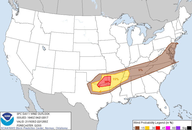 20170421 1630 UTC Day 1 Damaging Wind Probabilities Graphic