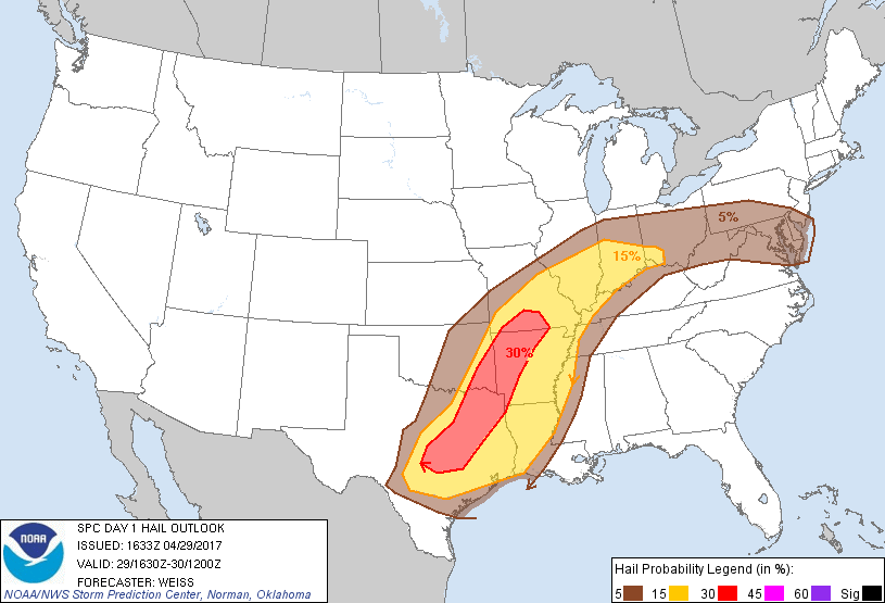 20170429 1630 UTC Day 1 Large Hail Probabilities Graphic