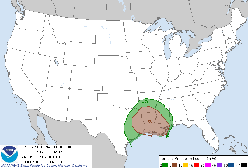 20170503 0000 UTC Day 1 Tornado Probabilities Graphic