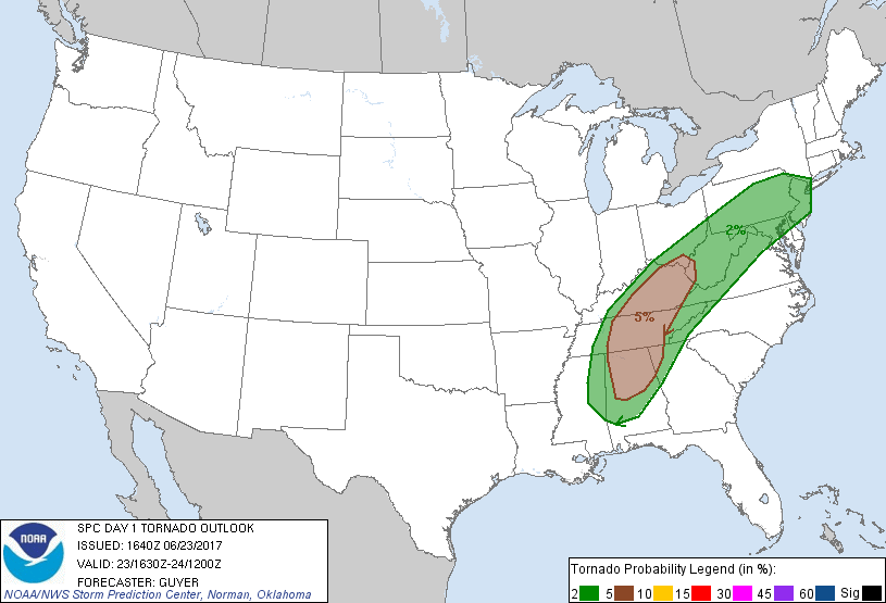 20170623 1630 UTC Day 1 Tornado Probabilities Graphic