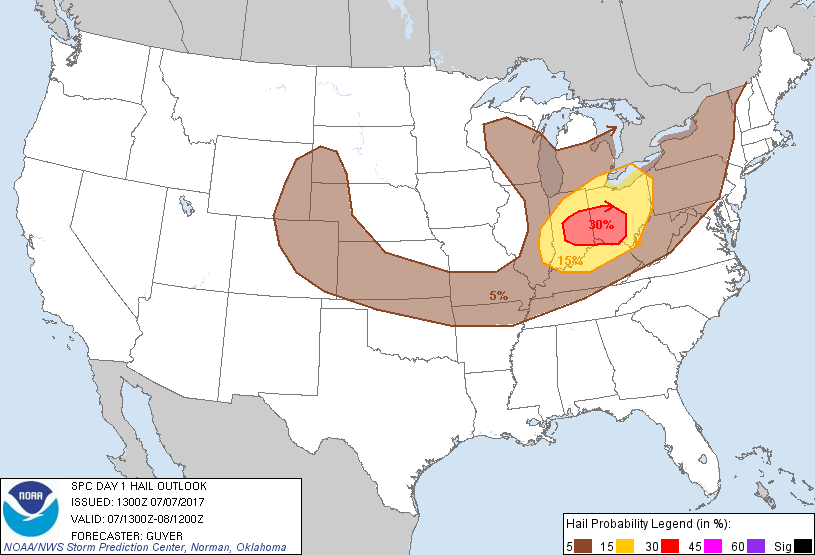 20170707 1300 UTC Day 1 Large Hail Probabilities Graphic