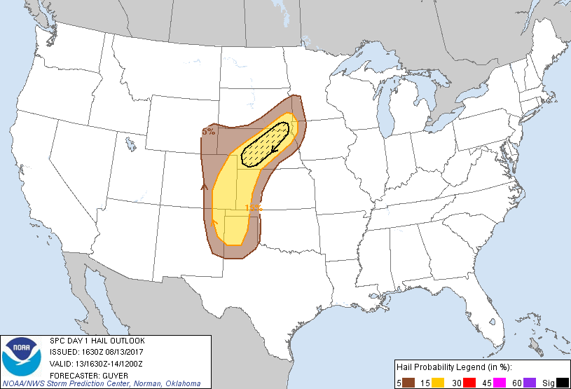 20170813 1630 UTC Day 1 Large Hail Probabilities Graphic