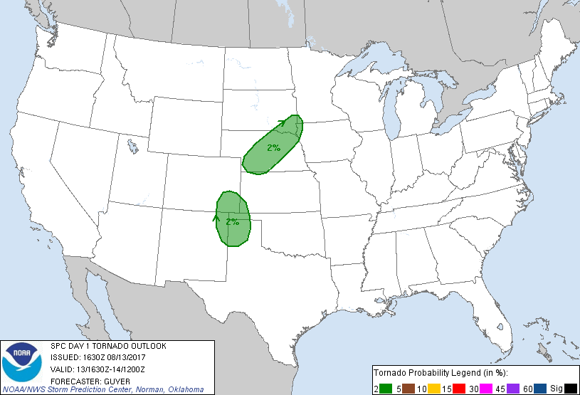 20170813 1630 UTC Day 1 Tornado Probabilities Graphic