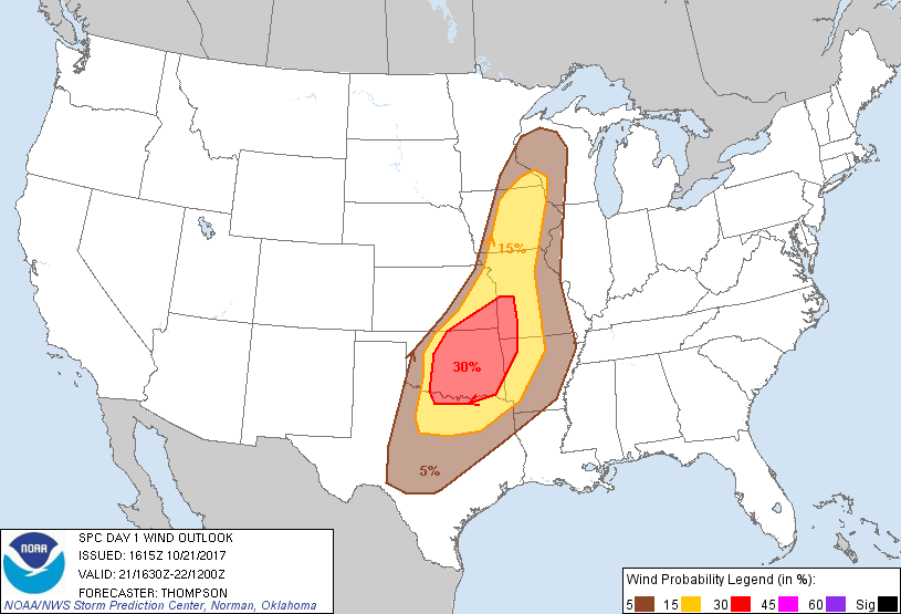 20171021 1630 UTC Day 1 Damaging Wind Probabilities Graphic