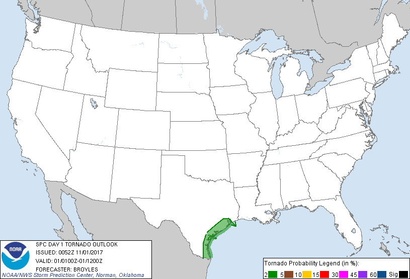 20171101 0100 UTC Day 1 Tornado Probabilities Graphic